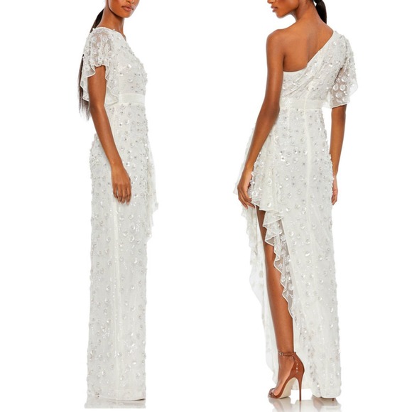 Mac Duggal White One Shoulder Flower Embellished Ruffle Gown NWT $598 Size 2 - Picture 10 of 16